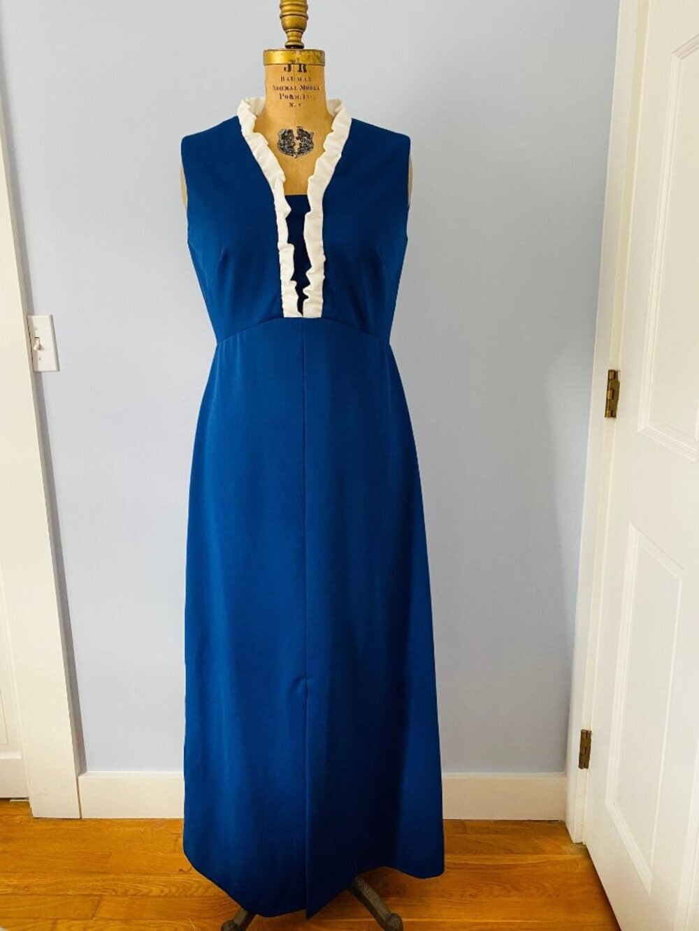 Vintage Sears Fashions Floor Length Navy Blue White Sleeveless Dress S/M